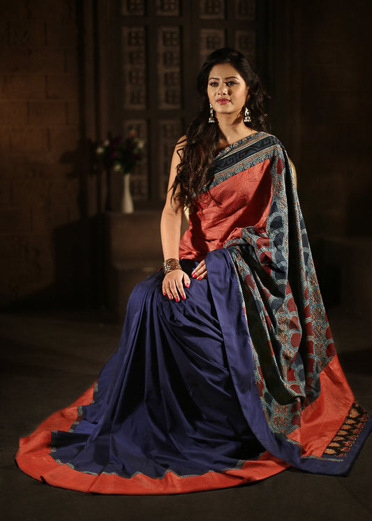 Striped maroon kosa silk with Ajrakh work on cotton pallu with blue slub silk pleats - Sujatra