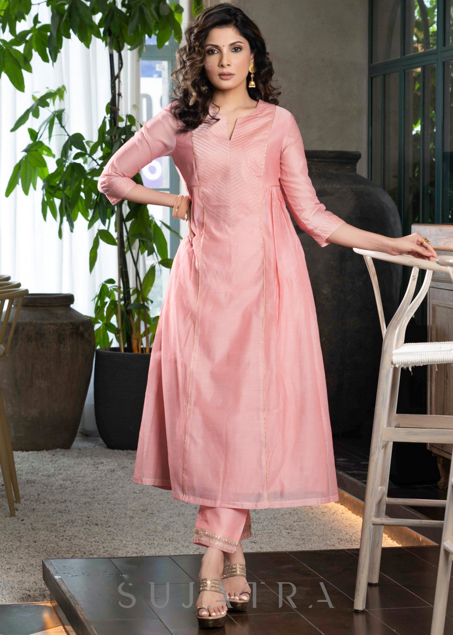 Light pink chanderi Pant & flared kurta with gold detaling - Dupatta Optional