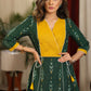 Bottle green ikat with mustard pintex yoke combination dress