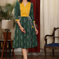 Bottle green ikat with mustard pintex yoke combination dress