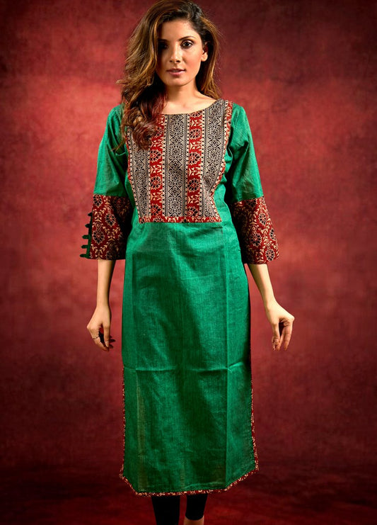 Green Handloom Cotton Kurta with Ajrakh Yoke and Sleeves