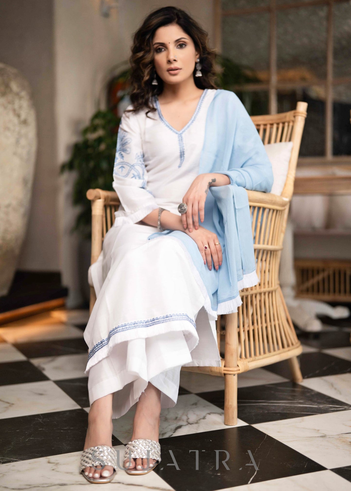Elegant White Cotton Silk Pant & Kurta With Blue Embroidery On Sleeves & Hemline -  Dupatta Optional