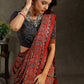 Red and blue Cotton Ajrakh saree