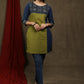 Stylish olive green cotton with ajrakh combination tunic