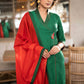 Elegant Emerald Green Cotton Silk pant & Kurta With Red Thread work On Neckline & Sleeves -  Dupatta Optional