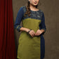Stylish olive green cotton with ajrakh combination tunic