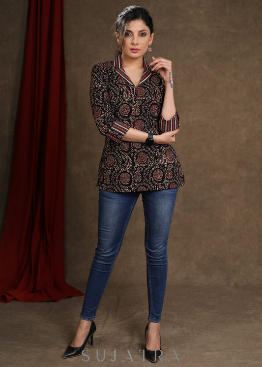 Black Cotton Ajrakh Combination Top
