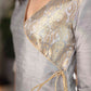 Exquisite Grey Cotton Silk Asymmetrical Kurta With Brocade Yoke & Gold Side Dori  - Pant Optional