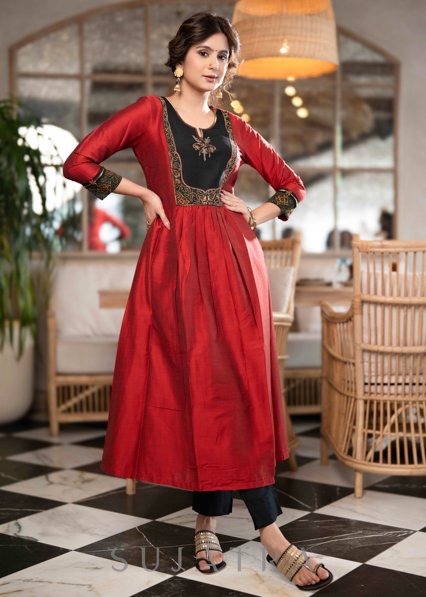 Beautiful A Line Maroon cotton Silk Kurta With Ajrakh Patchwork On Yoke -  Pant Optional