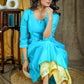 Exclusive Light Blue Chanderi Kurta with Mirrorwork On Yoke - Contrast Mirror Work Pant Optional