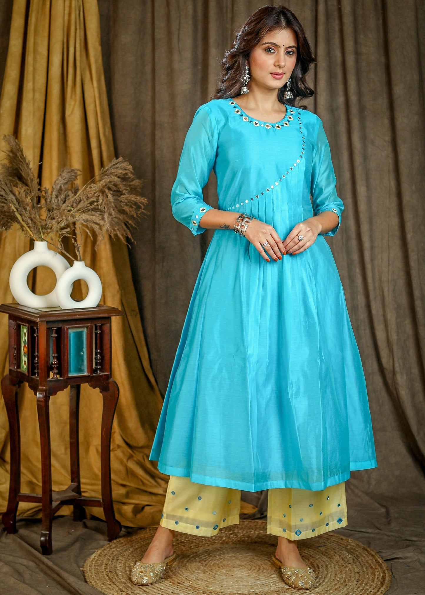 Exclusive Light Blue Chanderi Kurta with Mirrorwork On Yoke - Contrast Mirror Work Pant Optional