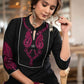 Elegant Black Cotton Silk Kurta With Magenta Embroidery All Over -  Pant Optional