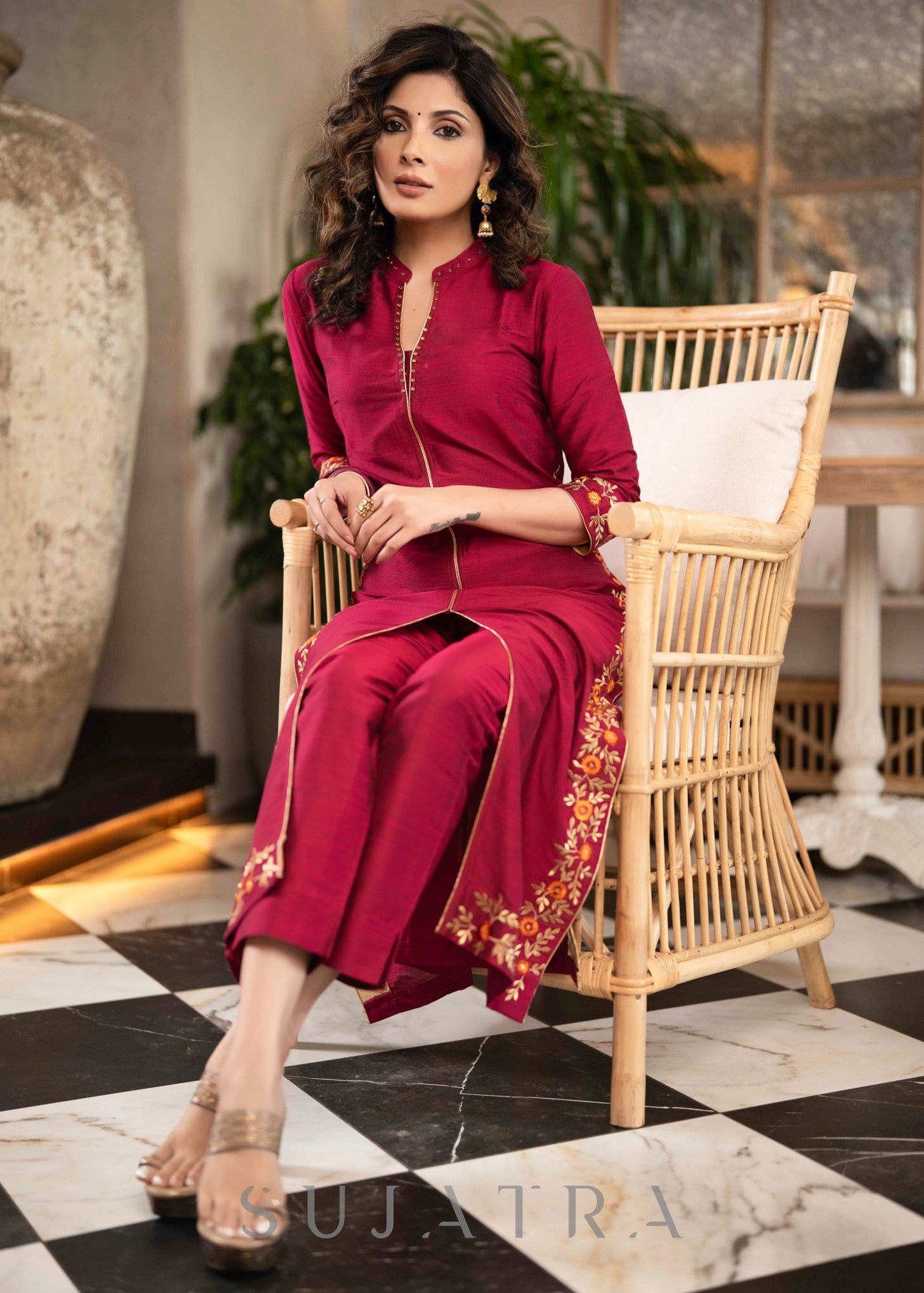 Beautiful Magenta Cotton Silk Pant &Kurta With Embroidery On Sides & Sleeves  - Dupatta Optional