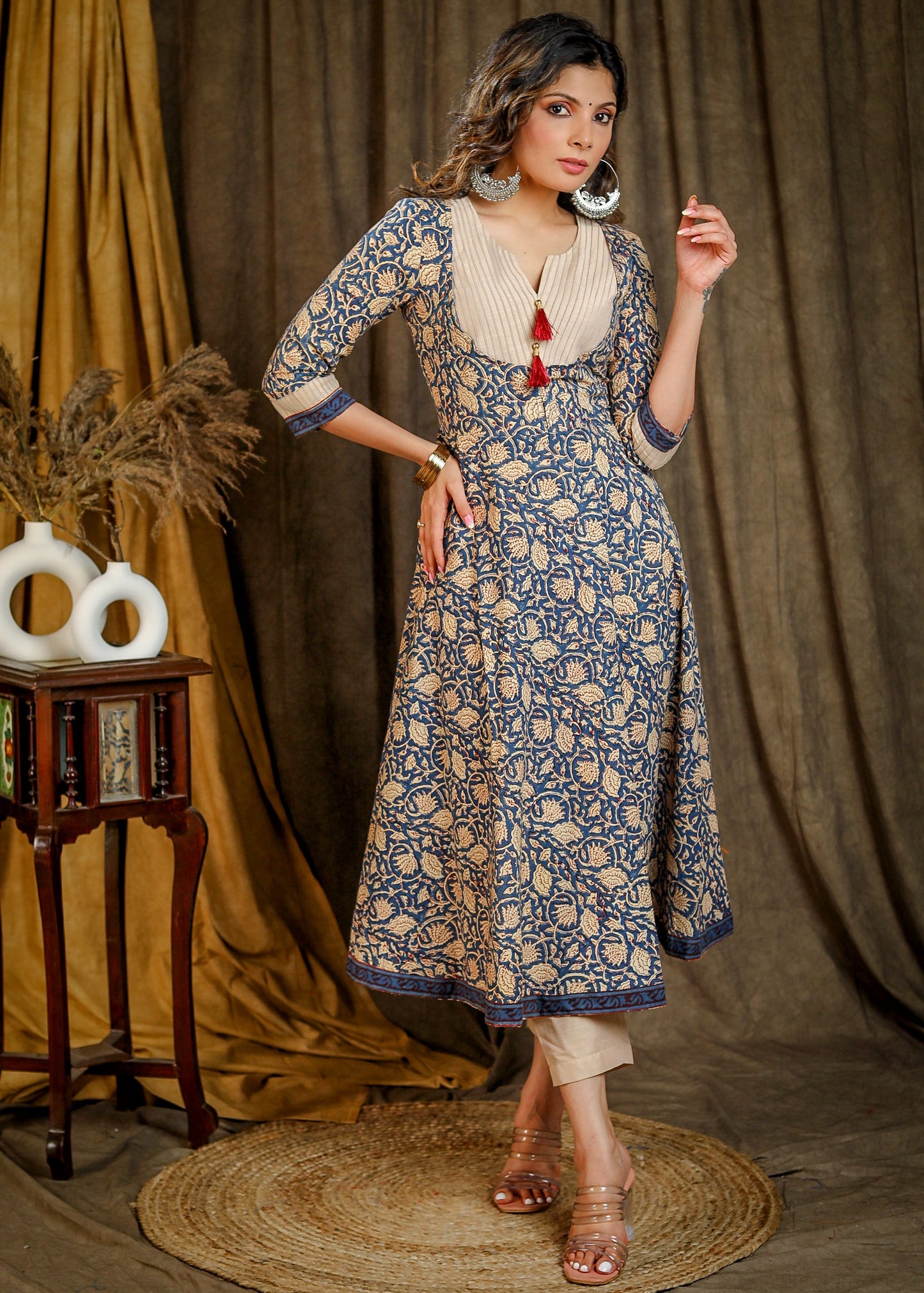 Elegant Blue Printed Kurta / One Piece Dress with Contrast Pintucks On Yoke - Pant Optional
