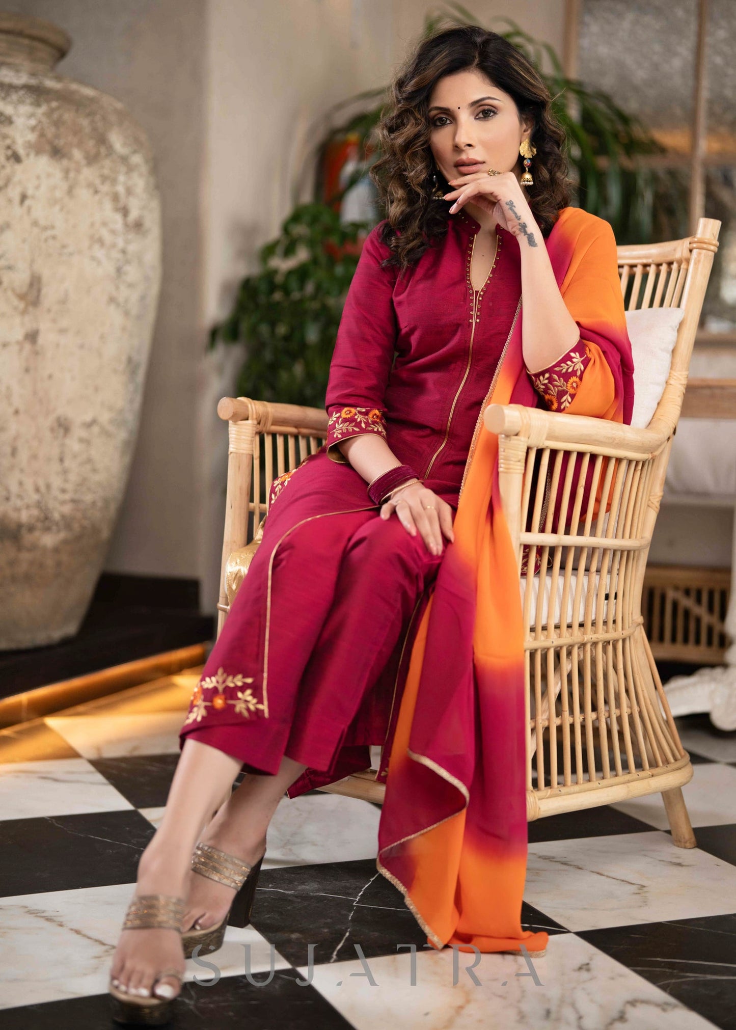 Beautiful Magenta Cotton Silk Pant &Kurta With Embroidery On Sides & Sleeves  - Dupatta Optional