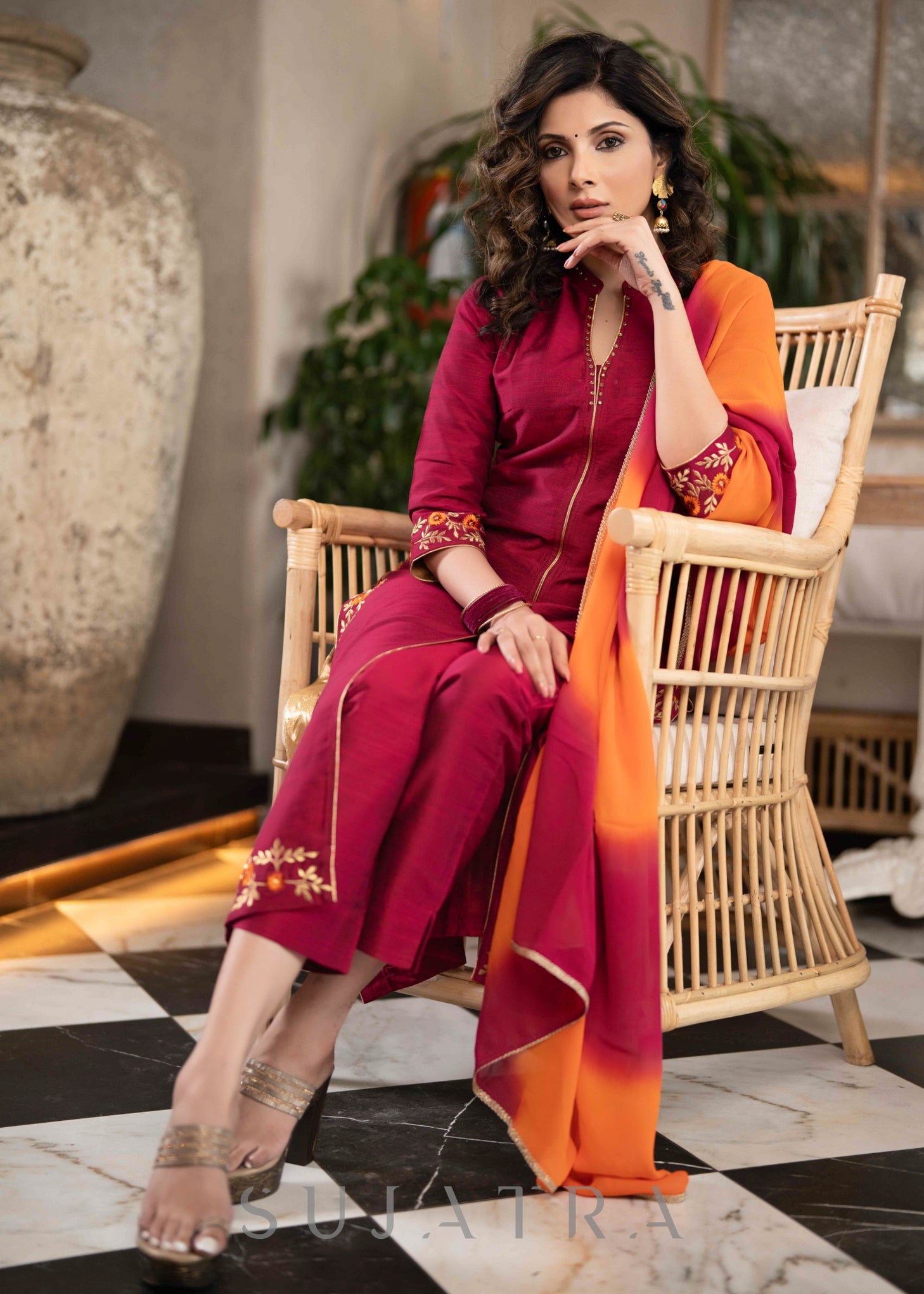 Beautiful Magenta Cotton Silk Pant &Kurta With Embroidery On Sides & Sleeves  - Dupatta Optional