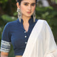 Blue Cotton Slub Blouse with Mandarin Collar and Indigo Border - Optional Plain Saree