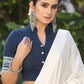 Blue Cotton Slub Blouse with Mandarin Collar and Indigo Border - Optional Plain Saree