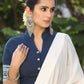 Blue Cotton Slub Blouse with Mandarin Collar and Indigo Border - Optional Plain Saree