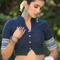Blue Cotton Slub Blouse with Mandarin Collar and Indigo Border - Optional Plain Saree