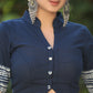 Blue Cotton Slub Blouse with Mandarin Collar and Indigo Border - Optional Plain Saree