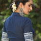 Blue Cotton Slub Blouse with Mandarin Collar and Indigo Border - Optional Plain Saree