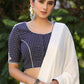 Elegant Navy Blue Checks Blouse with Exquisite Embroidered motif on Back and Sleeves