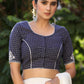 Elegant Navy Blue Checks Blouse with Exquisite Embroidered motif on Back and Sleeves