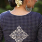 Elegant Navy Blue Checks Blouse with Exquisite Embroidered motif on Back and Sleeves