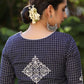Elegant Navy Blue Checks Blouse with Exquisite Embroidered motif on Back and Sleeves