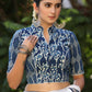 Elegant Floral Combination Indigo Collar Blouse