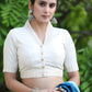 Smart Cream Cotton Collared Blouse Highlighted with Beautiful Lace Detailing and Golden Buttons