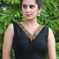 Exclusive Black Sleeveless Cotton Silk Blouse Highlighted with Mirror Lace on Neckline