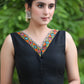 Exclusive Black Sleeveless Cotton Silk Blouse Highlighted with Mirror Lace on Neckline