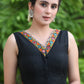 Exclusive Black Sleeveless Cotton Silk Blouse Highlighted with Mirror Lace on Neckline