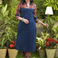 Smart Navy Blue Cotton Kurti with Kalamkari Yoke and Sleeves - Pant Optional