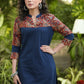 Smart Navy Blue Cotton Kurti with Kalamkari Yoke and Sleeves - Pant Optional