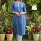 Trendy Cotton Blue Embroidered Kurti - Ikat Pant Optional