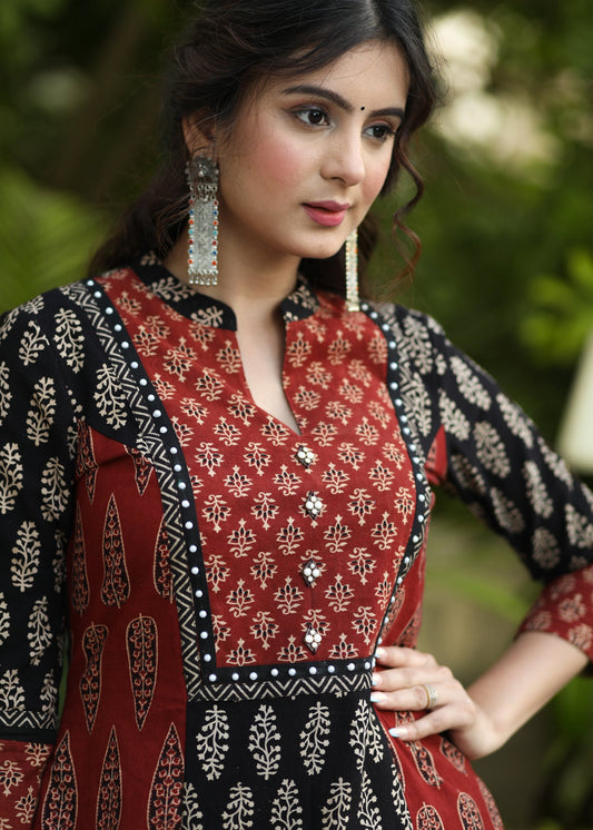 Exclusive Ajrakh Combination A-Line Kurti with Pearl Embelished Yoke - Pant Optional