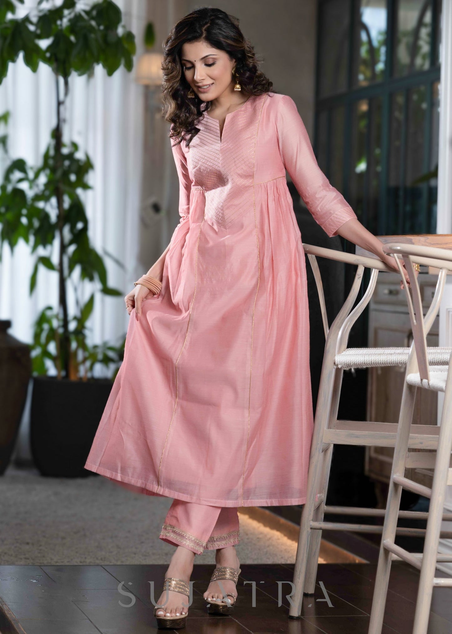 Light pink chanderi Pant & flared kurta with gold detaling - Dupatta Optional