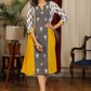Mustard and gray ikat combination dress with front embroidered panel