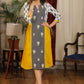 Mustard and gray ikat combination dress with front embroidered panel