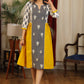 Mustard and gray ikat combination dress with front embroidered panel