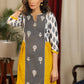 Mustard and gray ikat combination dress with front embroidered panel