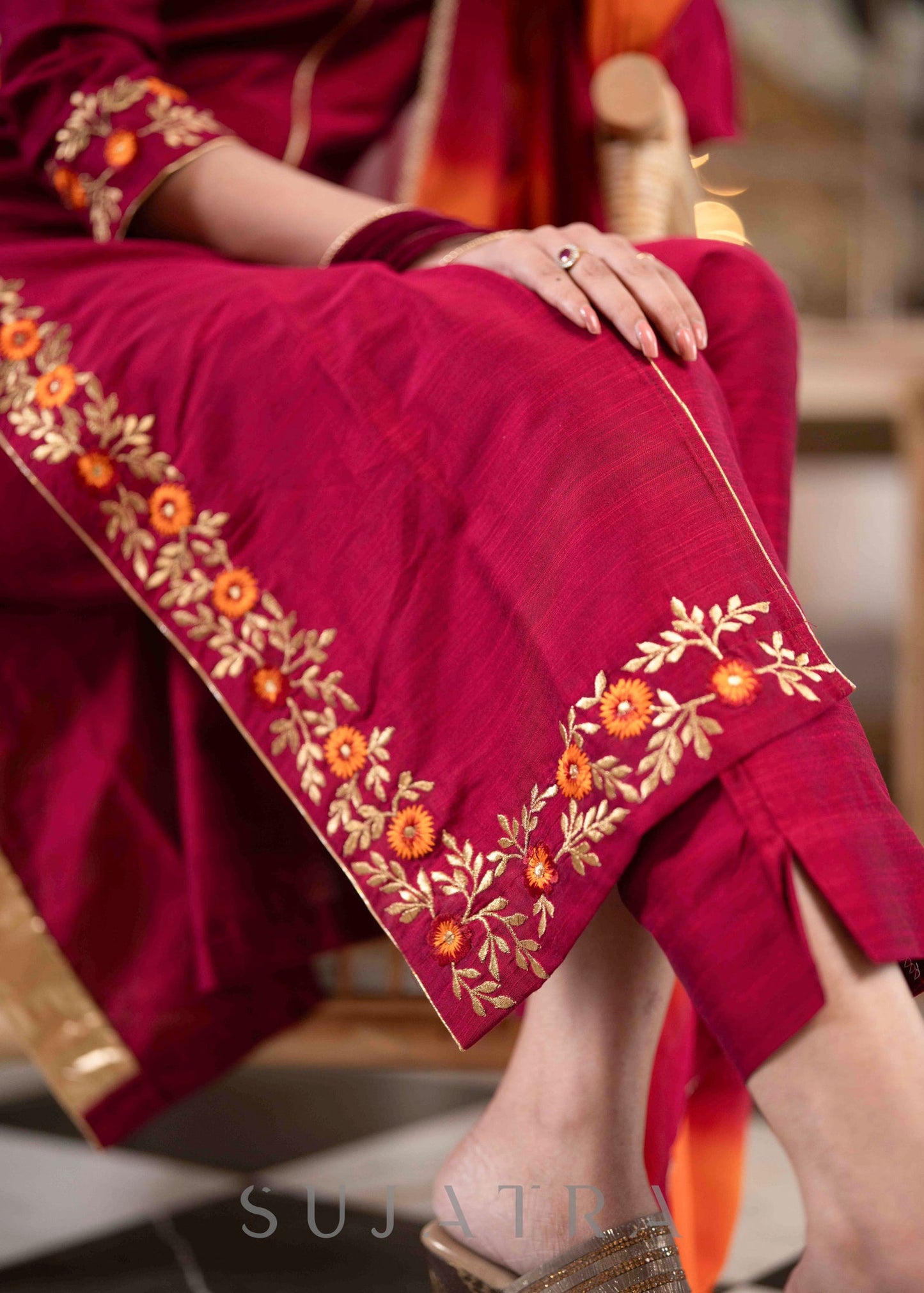 Beautiful Magenta Cotton Silk Pant &Kurta With Embroidery On Sides & Sleeves  - Dupatta Optional