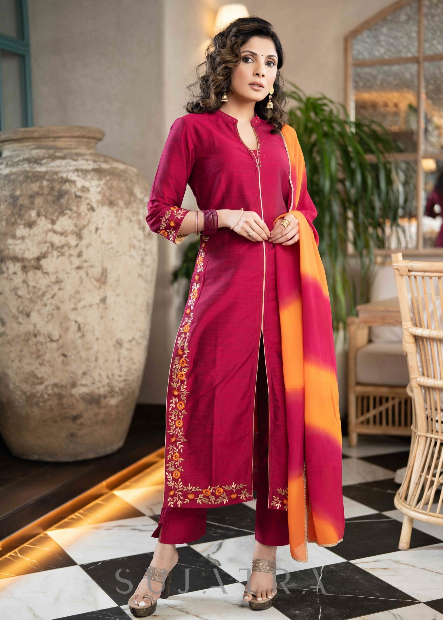 Beautiful Magenta Cotton Silk Pant &Kurta With Embroidery On Sides & Sleeves  - Dupatta Optional