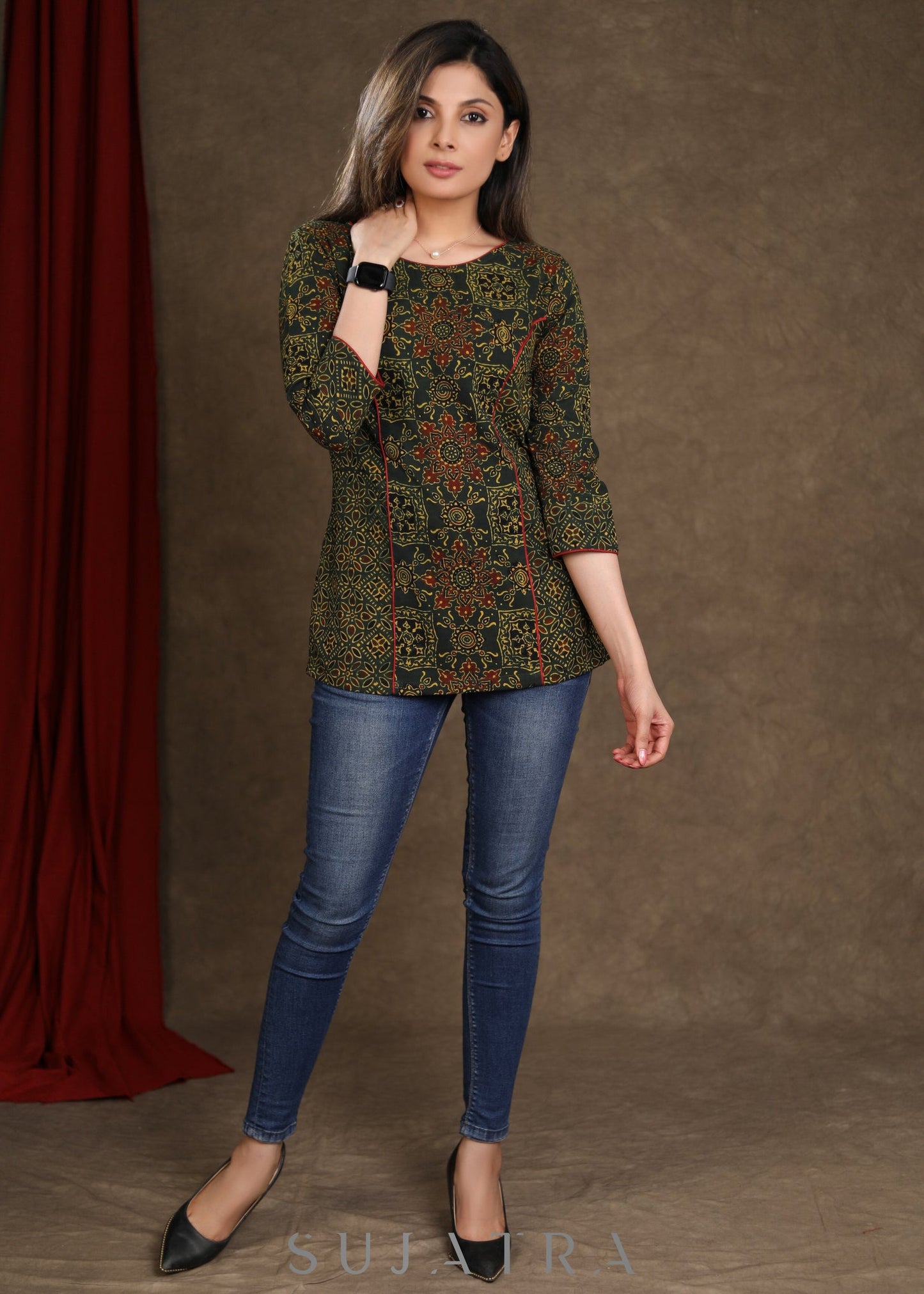 Casual Green Ajrakh Hand Block Printed Cotton Top