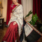 Exclusive Madhubani printed designer saree with kutch mirror work & maroon handloom cotton pleats