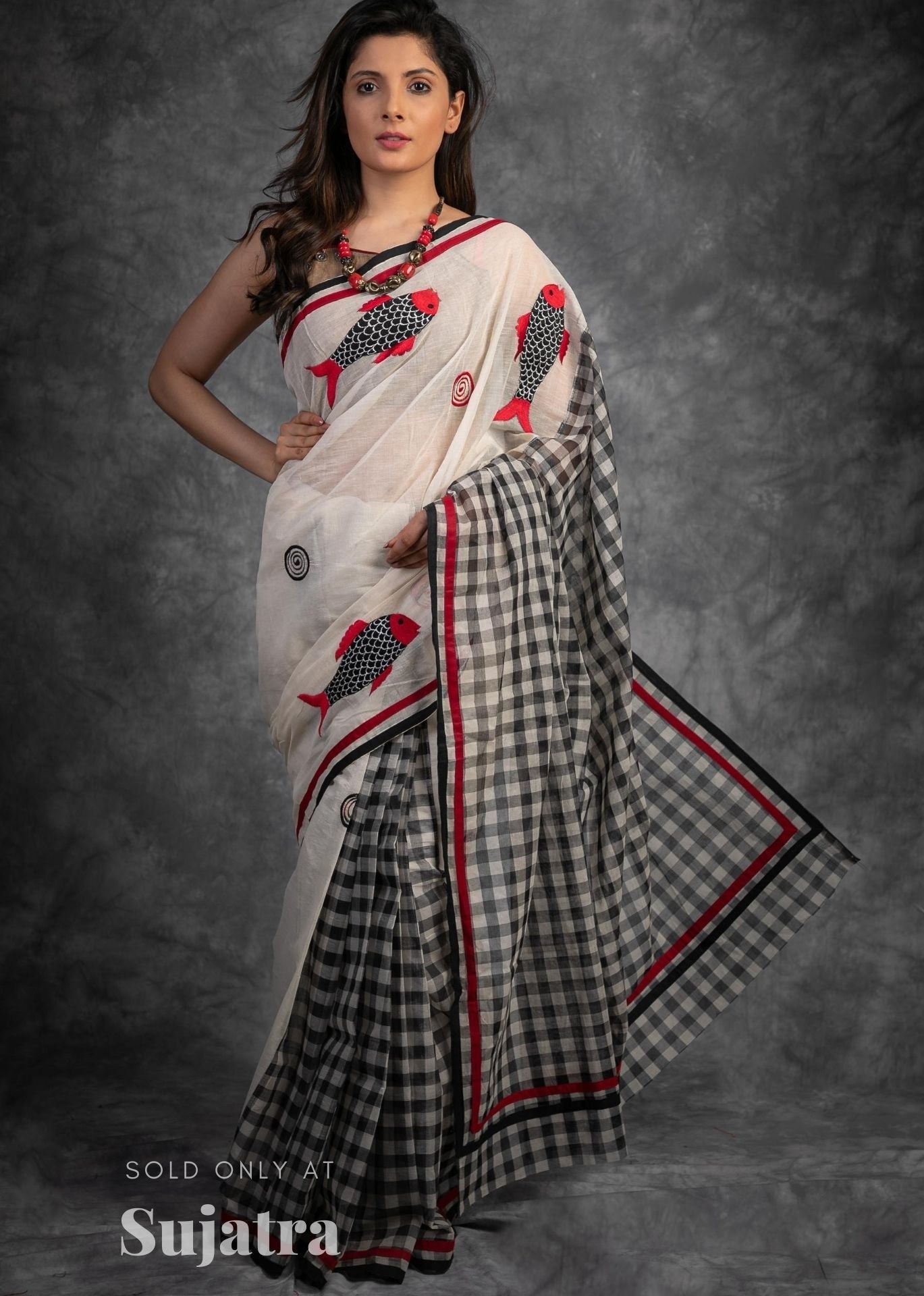 Exclusive fish motifs embroidered bengal handloom cotton saree