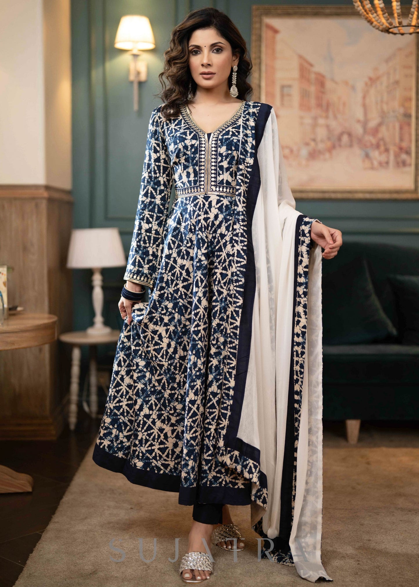 Hand Embroidered Rayon Printed Flared Kurta With Dupatta -  Navy Blue Pant Optional